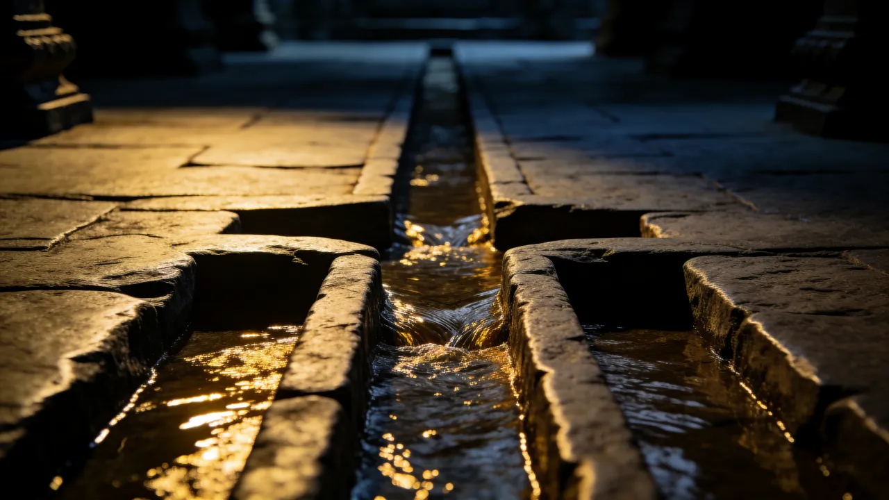 Water flowing through channels cut in stone
