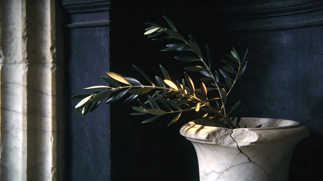 An olive branch growing from a cracked marble urn